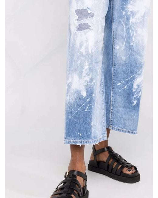 DSquared² Blue Distressed Paint-Splattered Wide-Leg Jeans