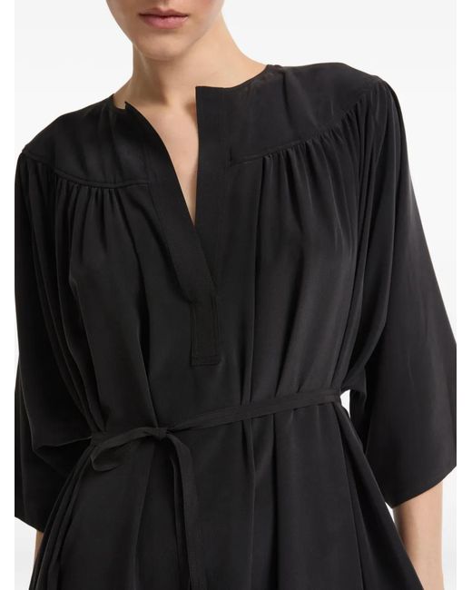 Yves Salomon Black V-Neck Tie Silk Midi Dress