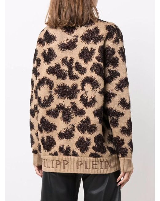 Philipp Plein Brown Long-sleeved Lurex Leopard Jumper