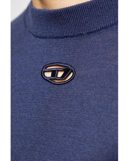 DIESEL Blue Crew Neck Knitwear With Subtle Logo Detail for men