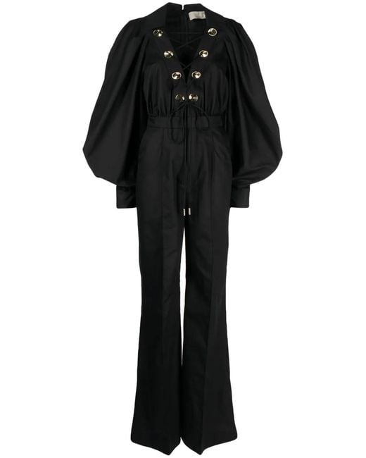 Elie Saab Black Oversized-Eyelet Flared Jumpsuit