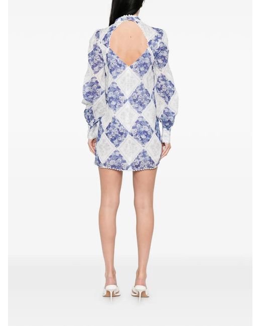 Twinset Blue Long-Sleeve Floral-Detail Mini Dress