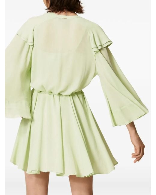 Twinset Green Robe Courte En Crêpe De Chine À Volants