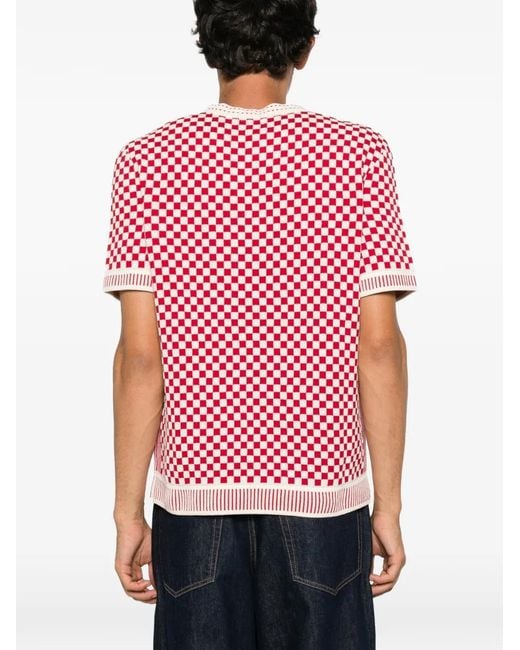 Casablanca Pink Checkerboard-Knit Logo-Patch Sweater for men