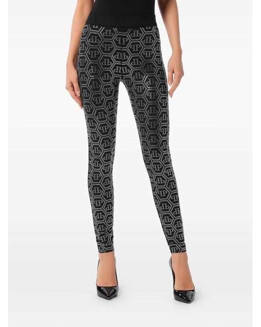 Philipp Plein Gray Monogram-Pattern Leggings