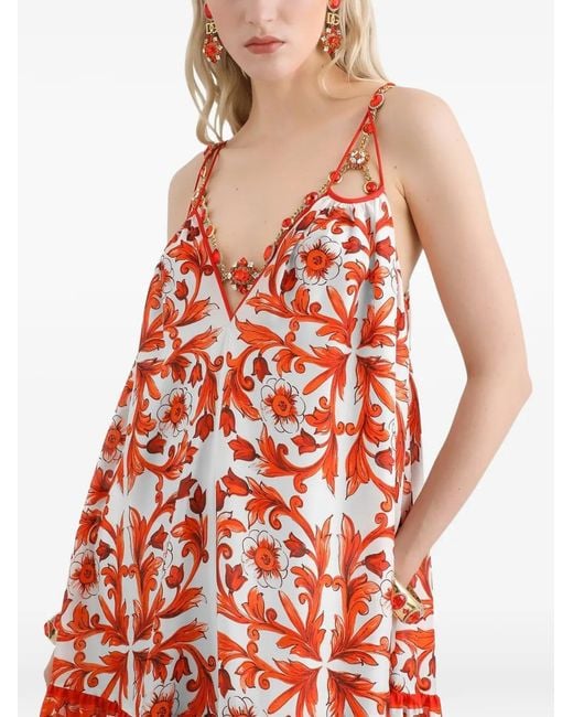 Dolce & Gabbana White Majolica-Print Habotai Long Dress