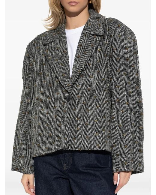 Gestuz Gray Herringbone-Pattern Blazer