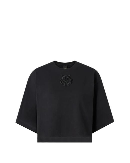 Pinko Black Cropped T-Shirt With Love Birds Embroidery