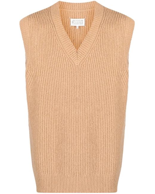 Maison Margiela Natural V-Neck Ribbed-Knit Vest for men