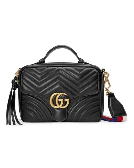 Gucci GG Marmont Small Chevron Quilted Leather Top-handle Camera Bag With Web Strap in Black ...