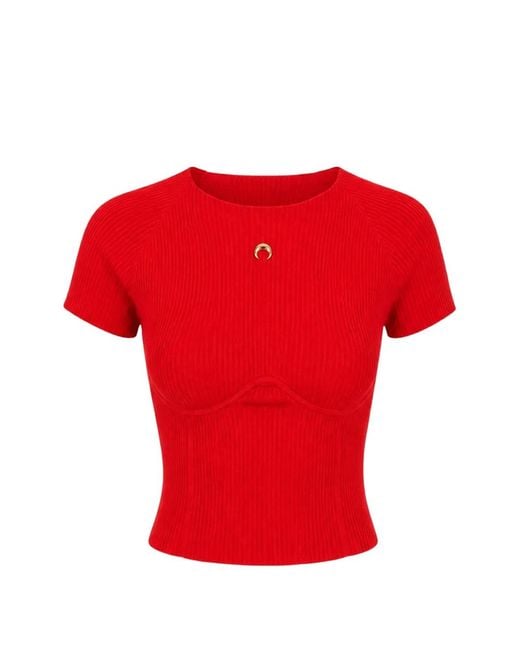 MARINE SERRE Red Moon-Plaque Ribbed-Knit Top