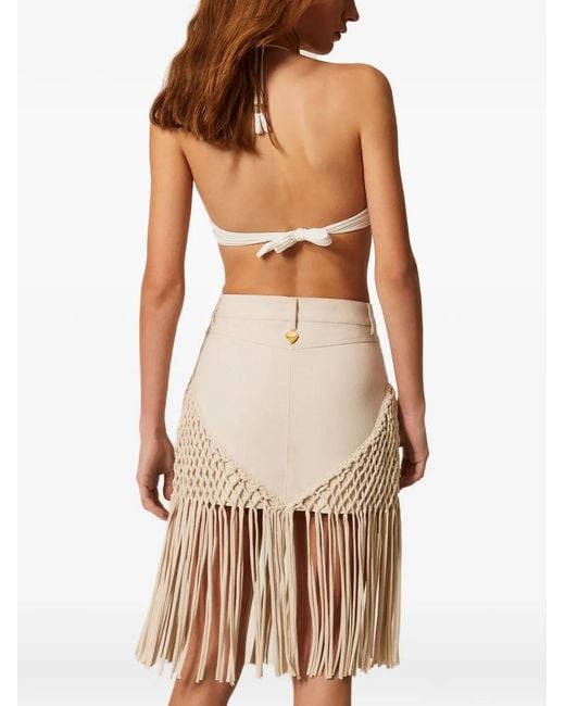 Twinset Natural Bull Denim Miniskirt With Fringes