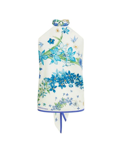 Ferragamo Blue Spring-Print Foulard Top