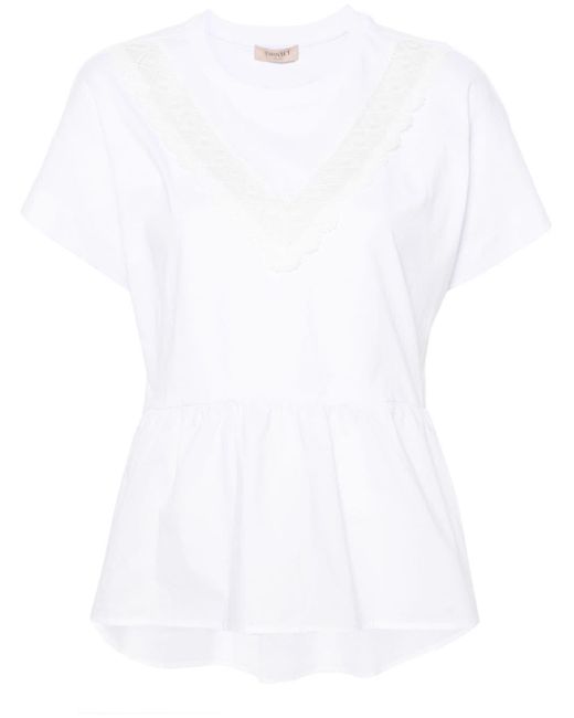 Twin Set White Lace-panelling Cotton T-shirt