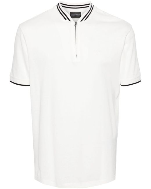 Emporio Armani White Zip-up Piqué Polo Shirt for men