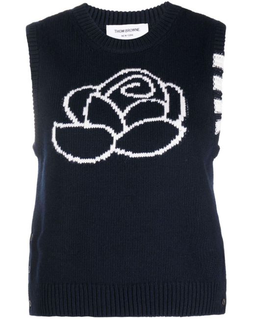 Thom Browne Blue Floral-intarsia Sleeveless Knitted Top