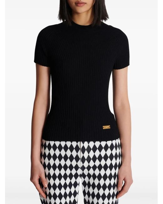 Balmain Black Logo-Plaque Ribbed Knit Top