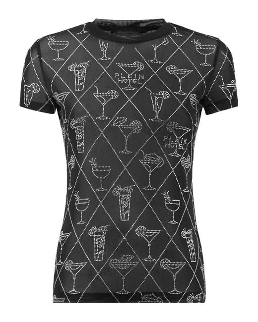 Philipp Plein Black Crystal-Embellished Mesh T-Shirt