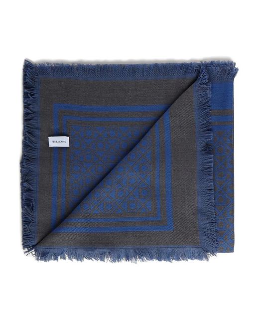 Ferragamo Blue Geometric-Pattern Fringed Scarf for men