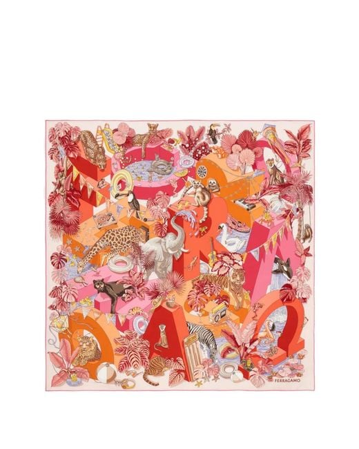Ferragamo Red Jungle Party Print Silk Scarf