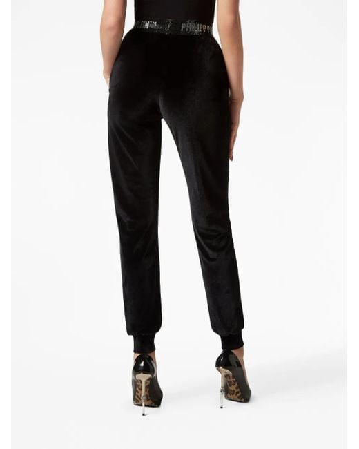 Philipp Plein Black Logo-Waistband Velvet Track Pants