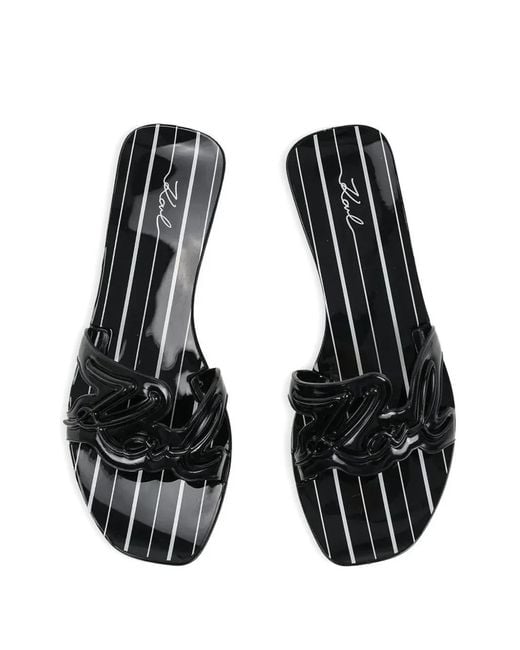 Karl Lagerfeld White Logo-Plaque Striped Slides