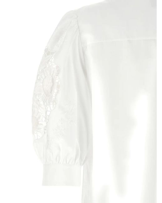 Valentino Garavani White Macramé-Embroidered Puff-Sleeve Shirt