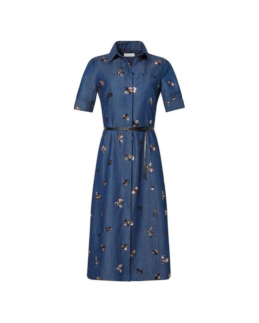 Altuzarra Blue Sequin-Embellished Floral-Print Midi Shirt Dress