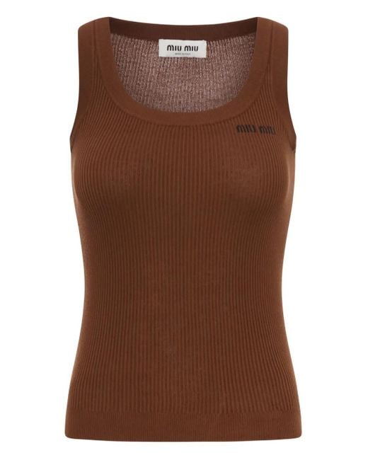 Haut En Maille À Design Côtelé Miu Miu en coloris Brown