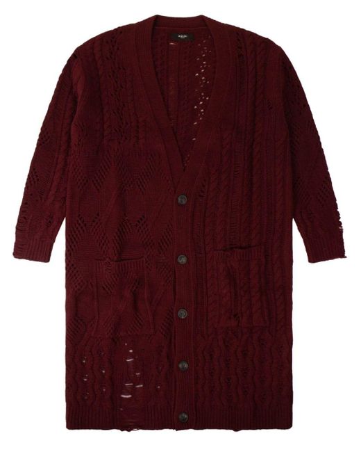 Amiri Red Pointelle-knit Distressed Cardigan for men