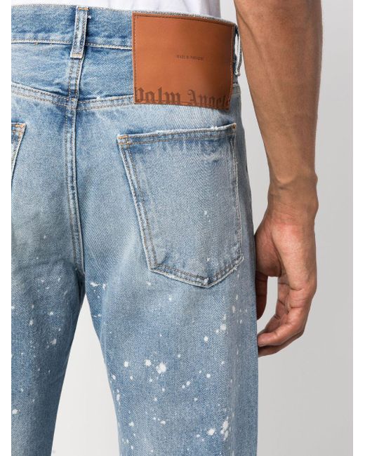 Palm Angels Blue Paint-splatter Straight Jeans for men