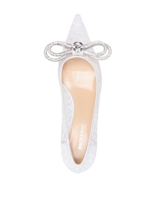 Mach & Mach White Double Bow 65 Crystal Lace Pumps