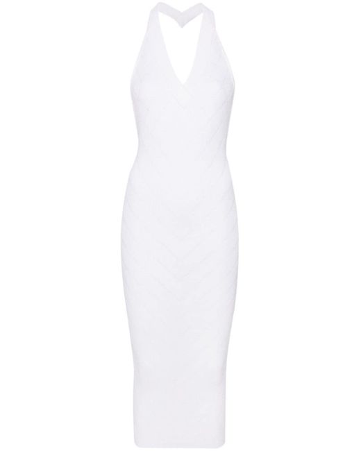 Balmain White V-neck Halterneck Midi Dress