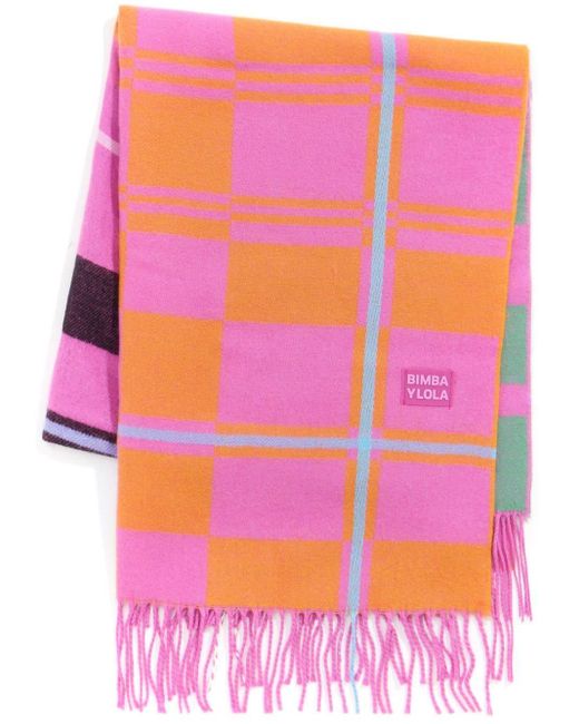 Bimba Y Lola Pink Checked Fringed Scarf