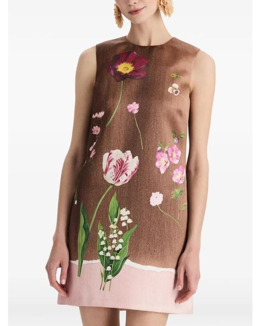 Oscar de la Renta Brown Botanical-Print Shift Mini Dress
