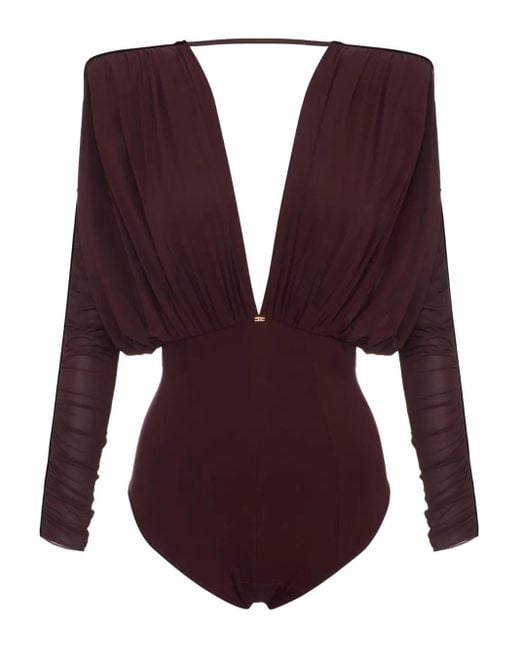 Elisabetta Franchi Vネック ボディスーツ Purple