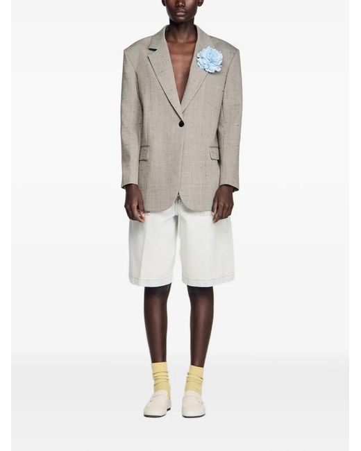 Sandro Gray Flower-Brooch Checked Blazer