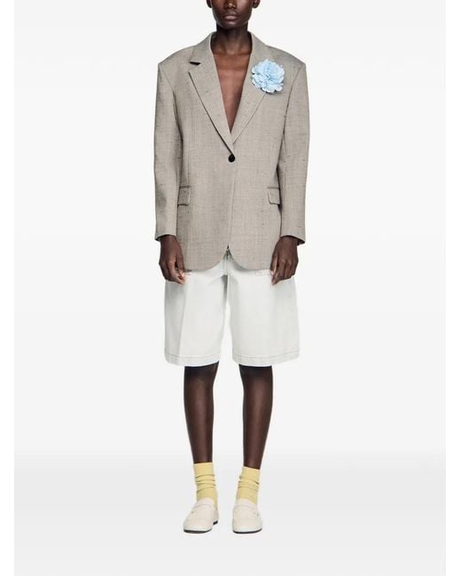 Sandro Gray Flower-Brooch Checked Blazer
