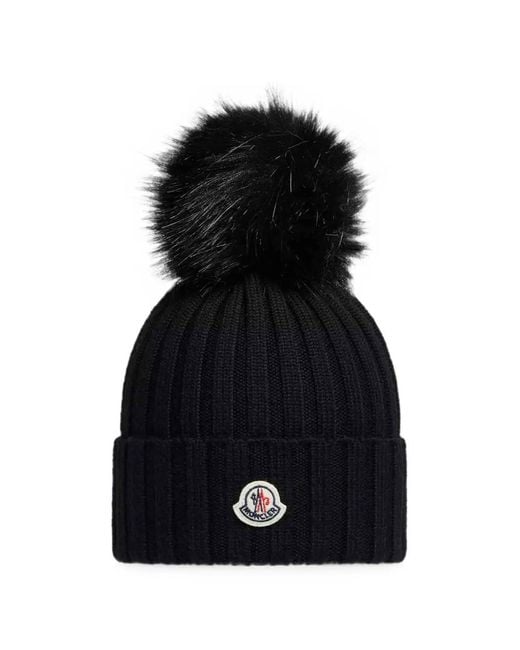 Moncler Black Pom-Pom Rib-Knit Beanie Hat