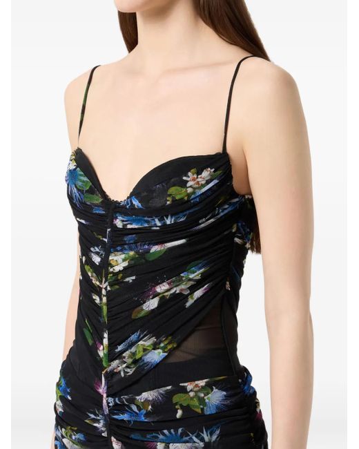 Blumarine Black Floral-Print Ruched Maxi Dress