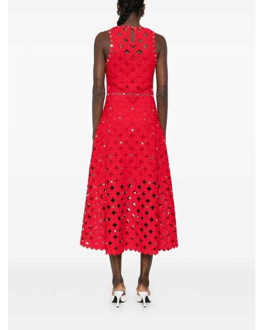 Maje Red Scalloped-Detail Openwork Midi Dress