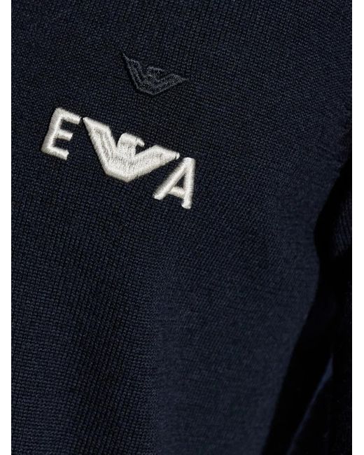 Emporio Armani Blue Embroidered-Logo Wool Sweater for men