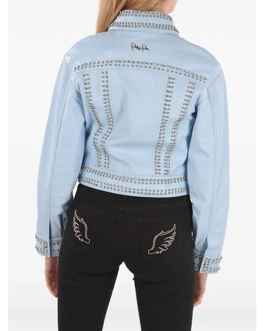 Philipp Plein Blue Crystal-Embellished Studded Jacket