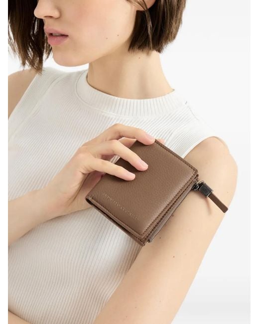 Brunello Cucinelli Brown Grained Calfskin Compact Wallet With Shiny Zipper Pull