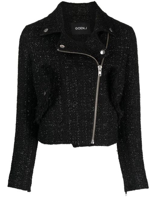 Goen.J Black Tweed Cropped Biker Jacket