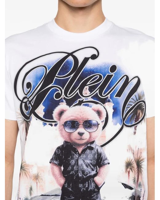 Philipp Plein White Teddy-Print Crew-Neck T-Shirt for men
