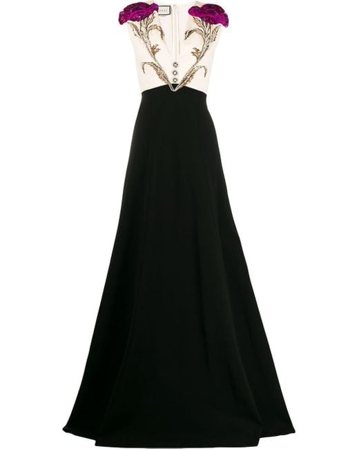 Gucci Black Floral Appliqué Evening Dress