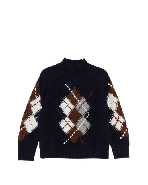 ERMANNO FIRENZE Blue Argyle-Knit High-Neck Knit
