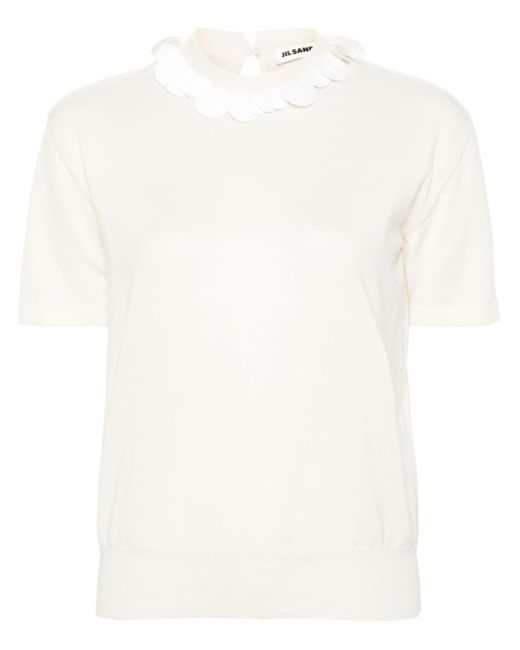 Jil Sander White Sequin-embellished Knitted Top