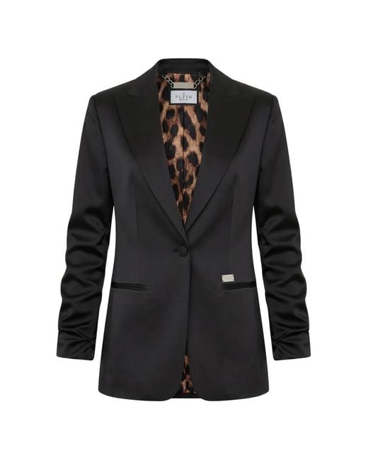 Philipp Plein Black Cady Ruched-Sleeve Blazer